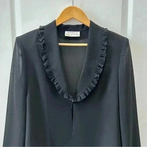 Vintage Marsellis Sheer Blouse Ruffle Collar Open Long Sleeve Black Medium - Picture 5 of 14